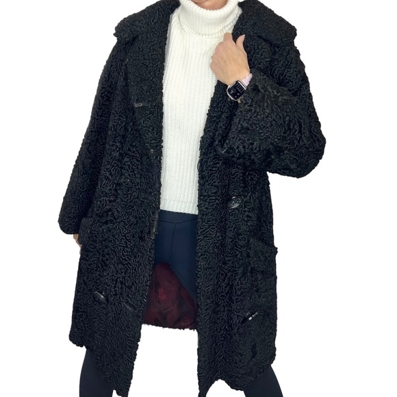 Vintage 50s Laflamme Fourrure black persian lamb flare sleeve coat flawed - Picture 2 of 15